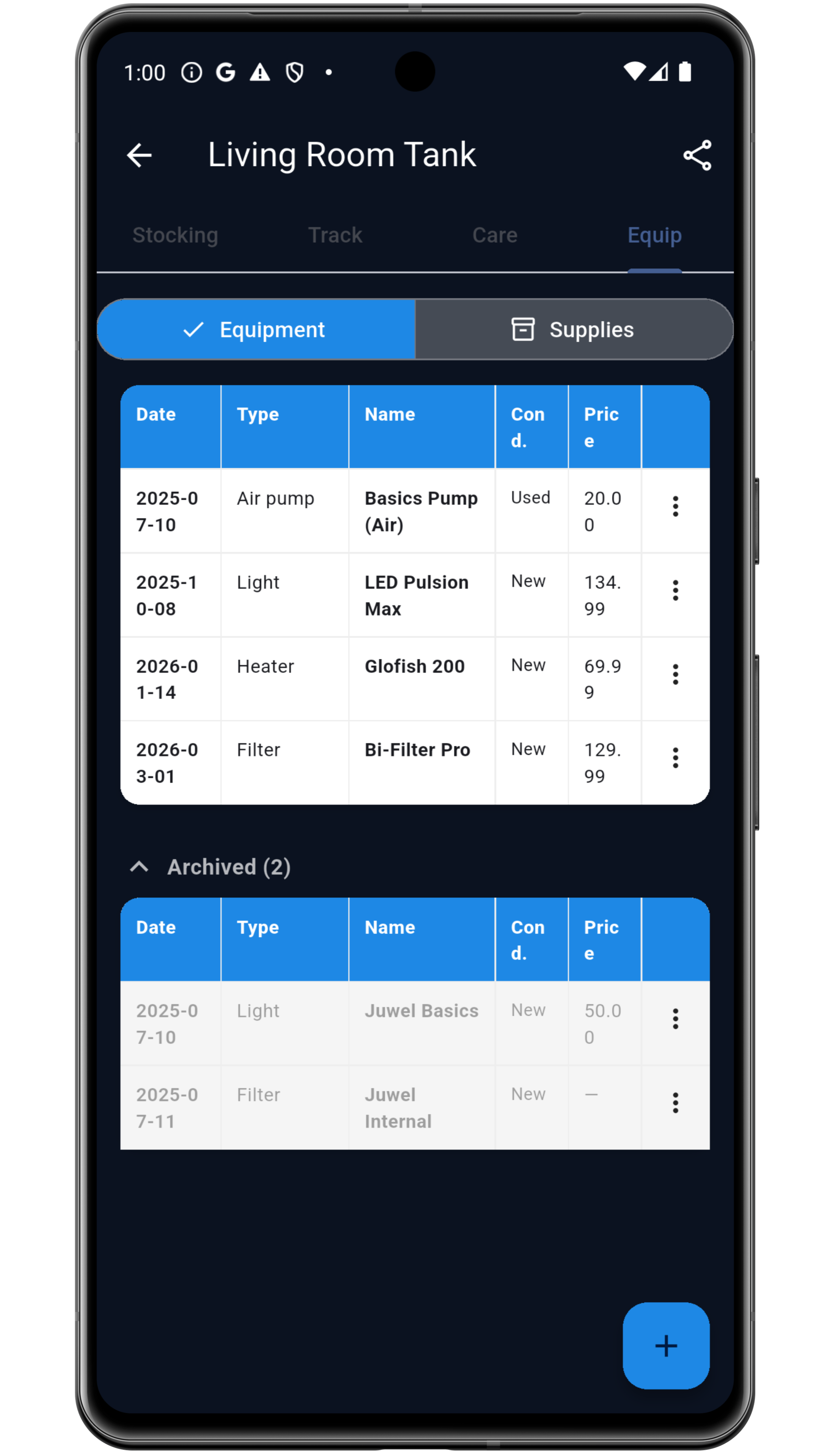 Track equipment and supplies