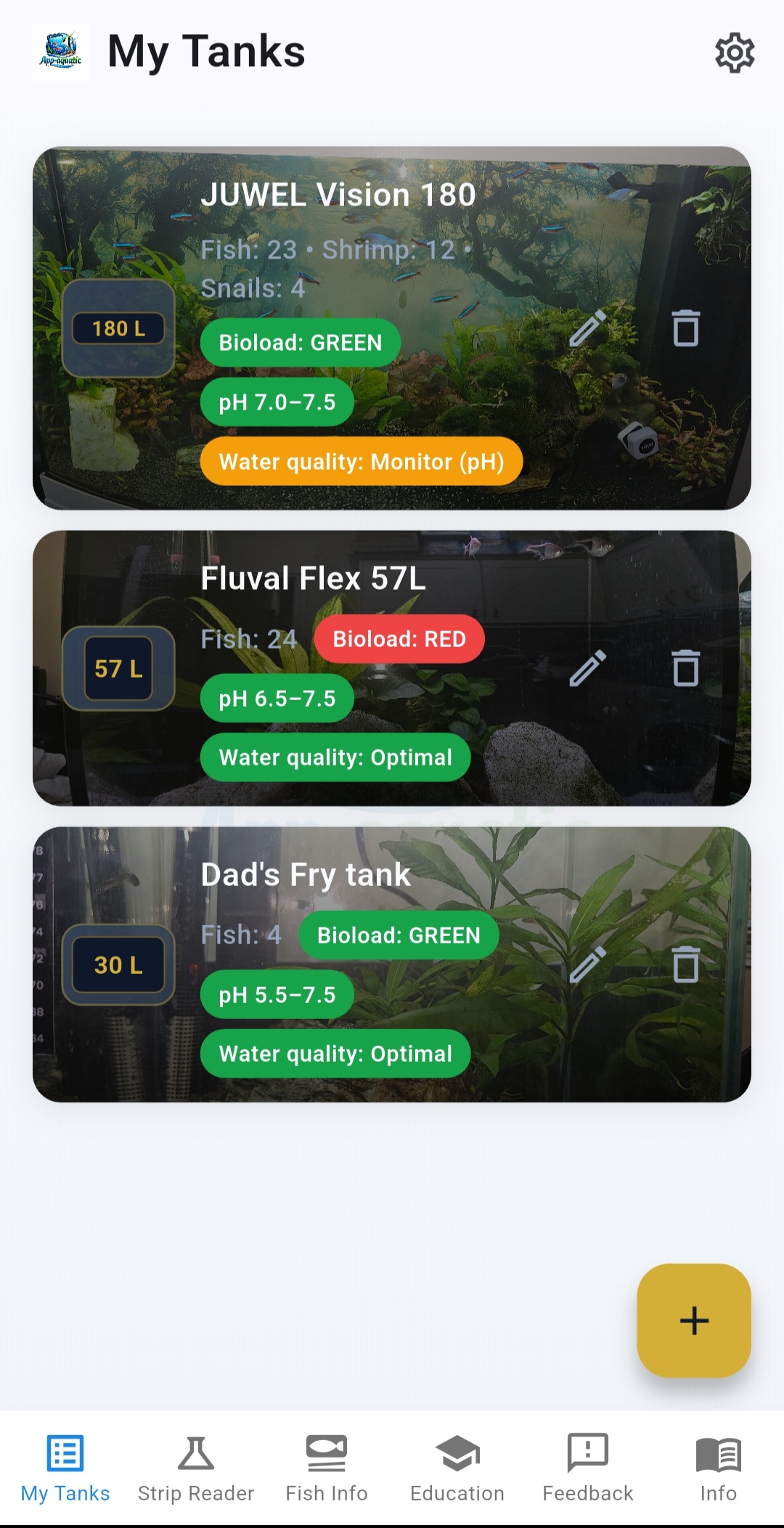 App-aquatic tank dashboard