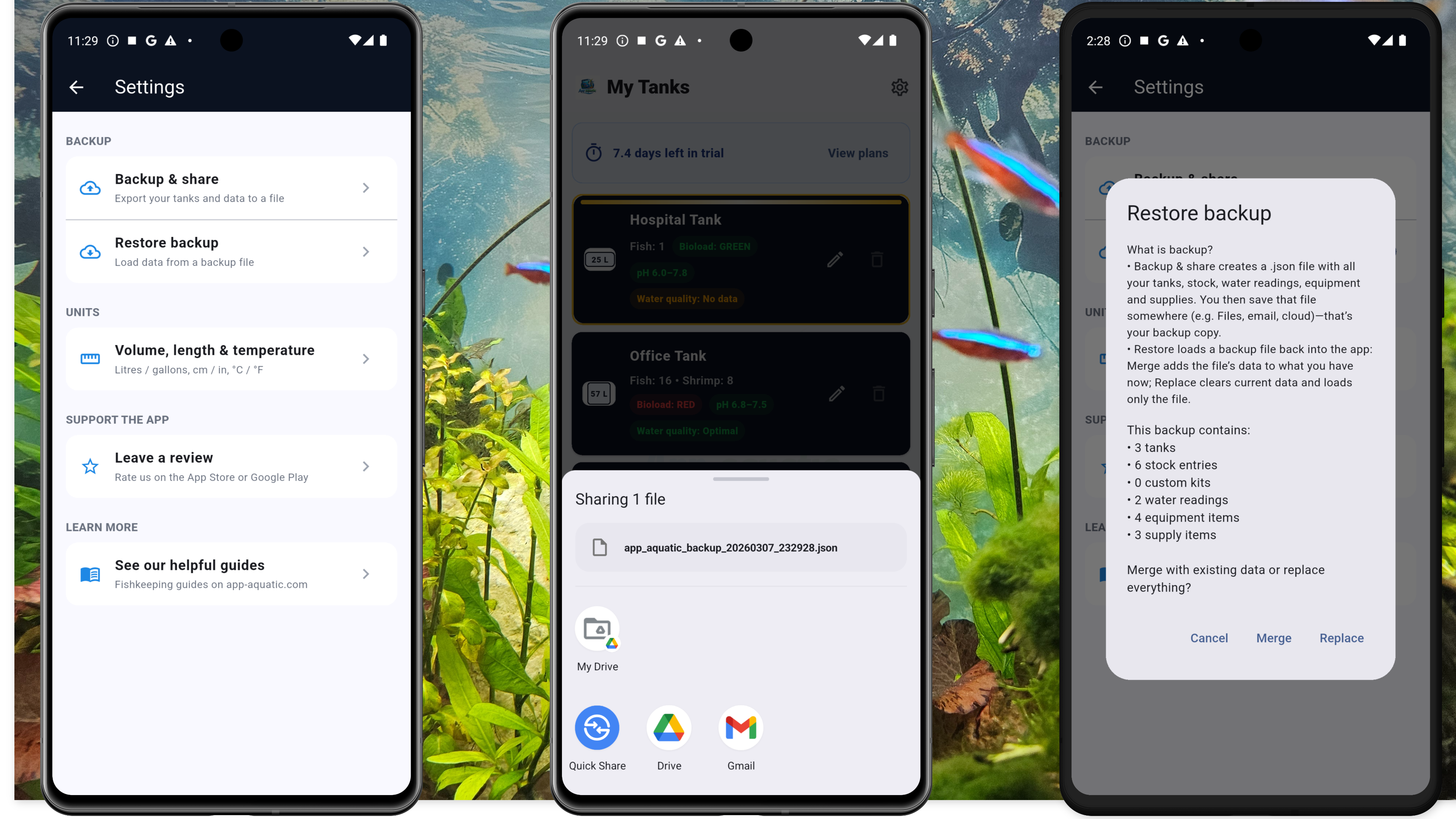Backup and restore in App-aquatic settings