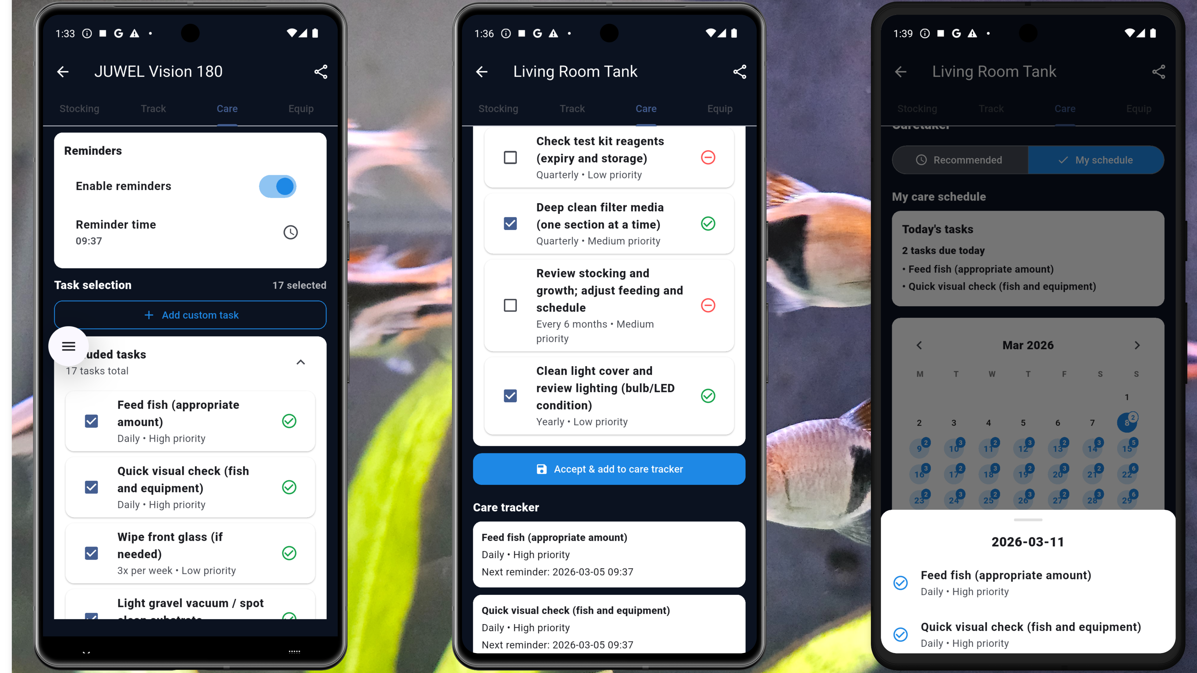 Care setup screen in App-aquatic