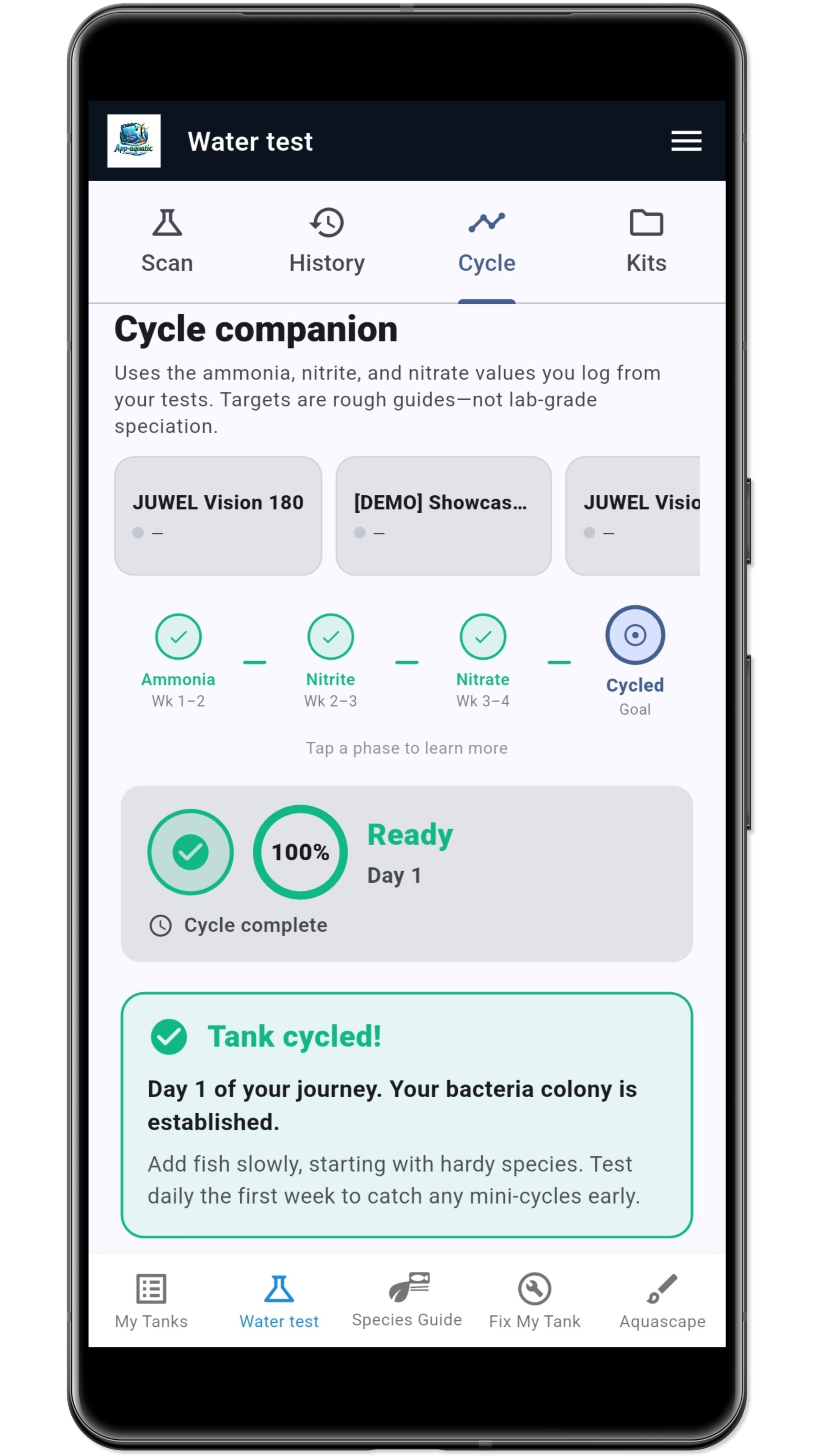 Cycle Companion guides your fish tank nitrogen cycle