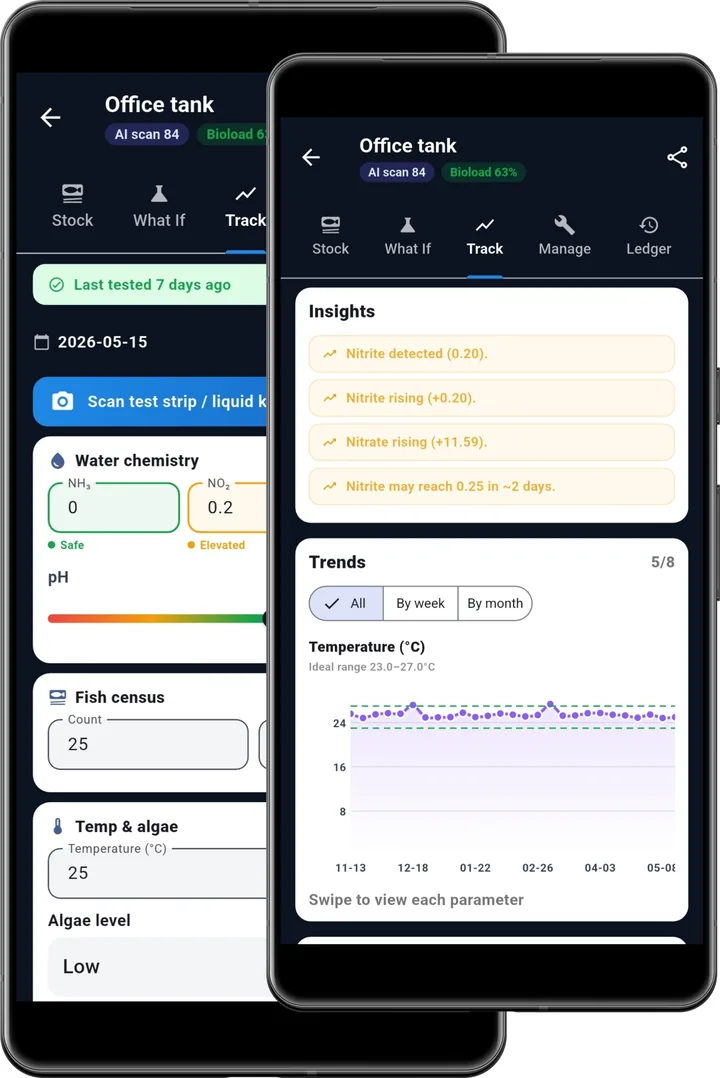 App-aquatic Insights and Trends: nitrite detected at 0.20, nitrite rising, nitrate rising, nitrite may reach 0.25 in about 2 days, above a temperature chart.