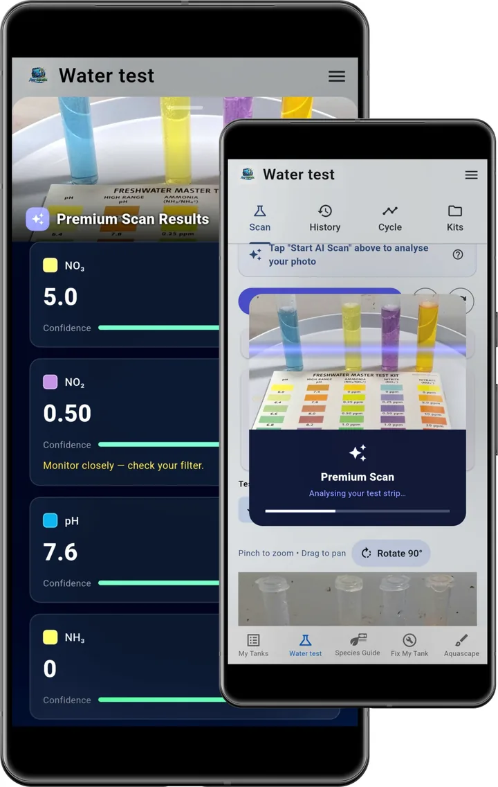 App-aquatic Premium Scan results from a liquid test kit photo: nitrate 5.0, nitrite 0.50 with the advice to monitor closely and check the filter, pH 7.6, ammonia 0.