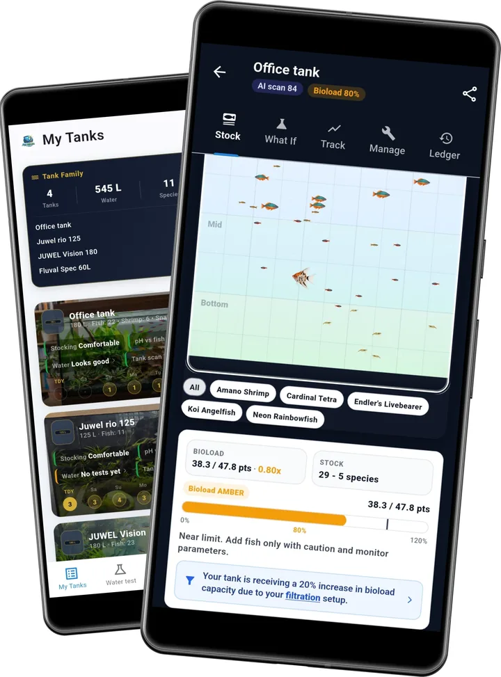 App-aquatic tank screen showing fish by swimming zone, a bioload meter at 80% and the warning: Near limit. Add fish only with caution.