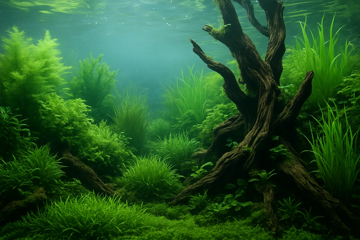 A lush, densely planted freshwater aquascape with varied aquatic plants