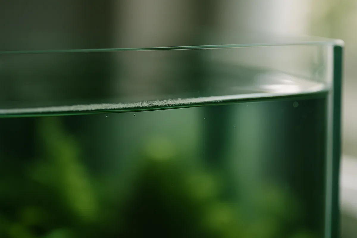 An aquarium waterline showing a mineral trace mark from evaporation