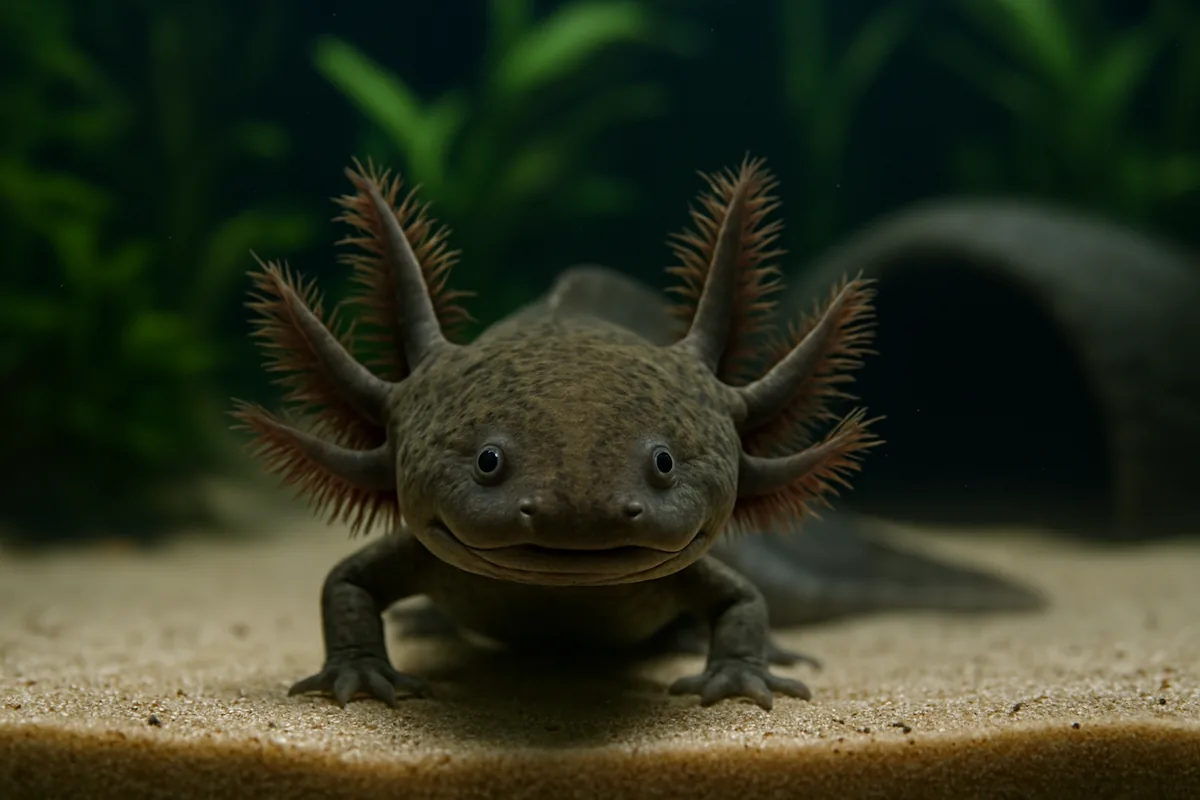 A healthy axolotl resting on fine sand substrate in a cool planted aquarium
