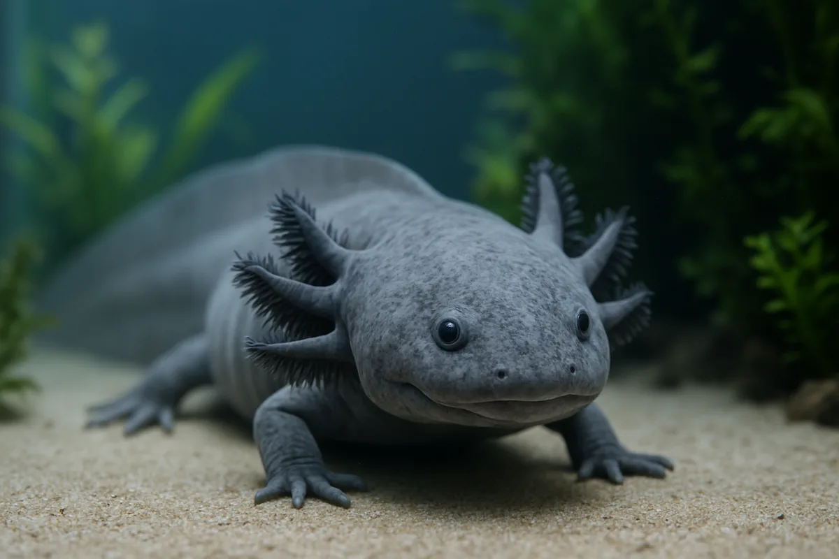 An axanthic axolotl with cool grey-silver toned skin