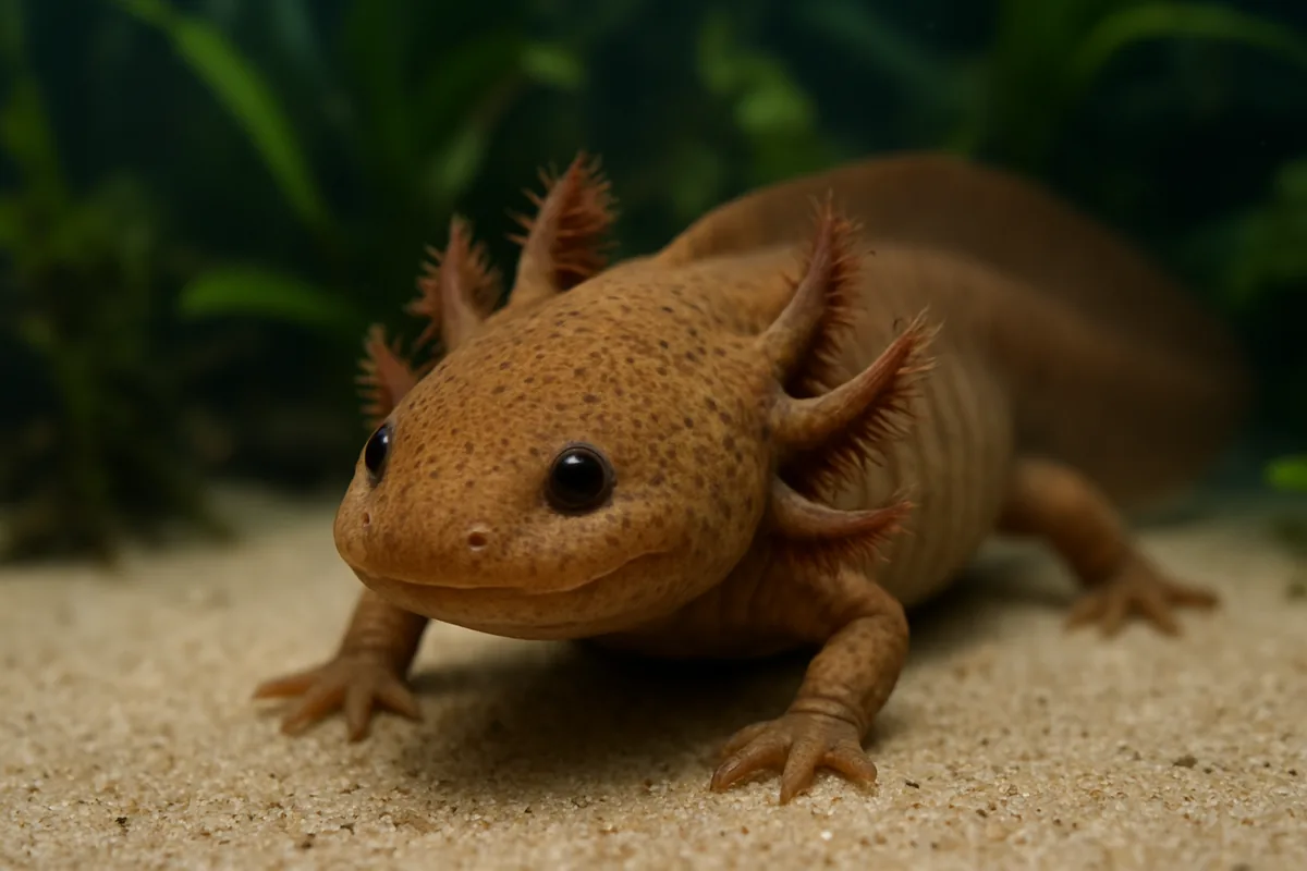 A copper axolotl with warm tan-brown, lightly speckled skin