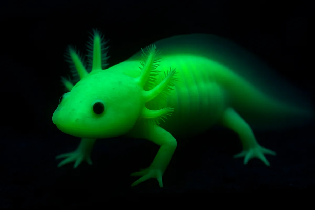 A GFP axolotl glowing green under blacklight