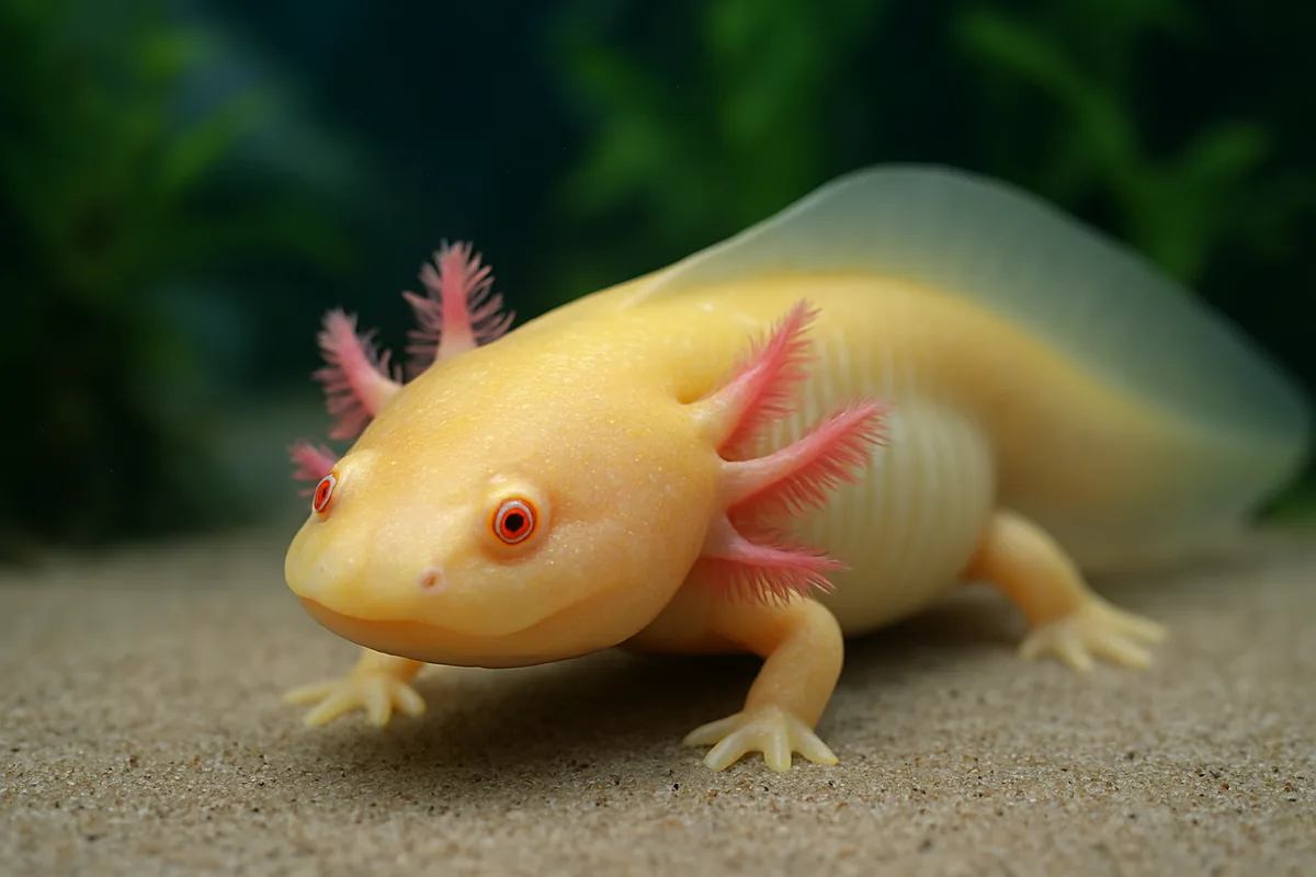 A golden albino axolotl with pale gold skin and red eyes