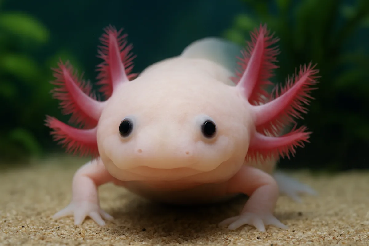 A leucistic axolotl with pale pink skin, pink gills, and dark eyes