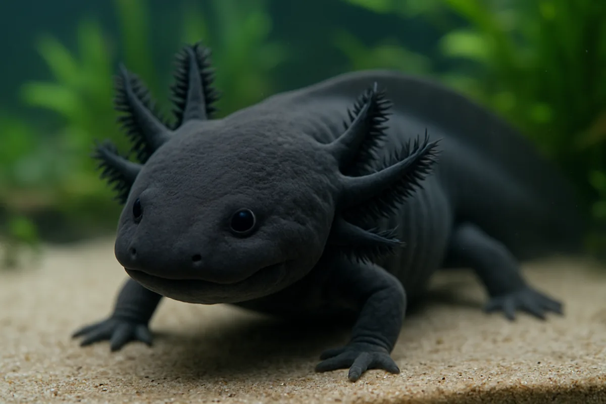 A melanoid axolotl with solid matte dark grey-black skin
