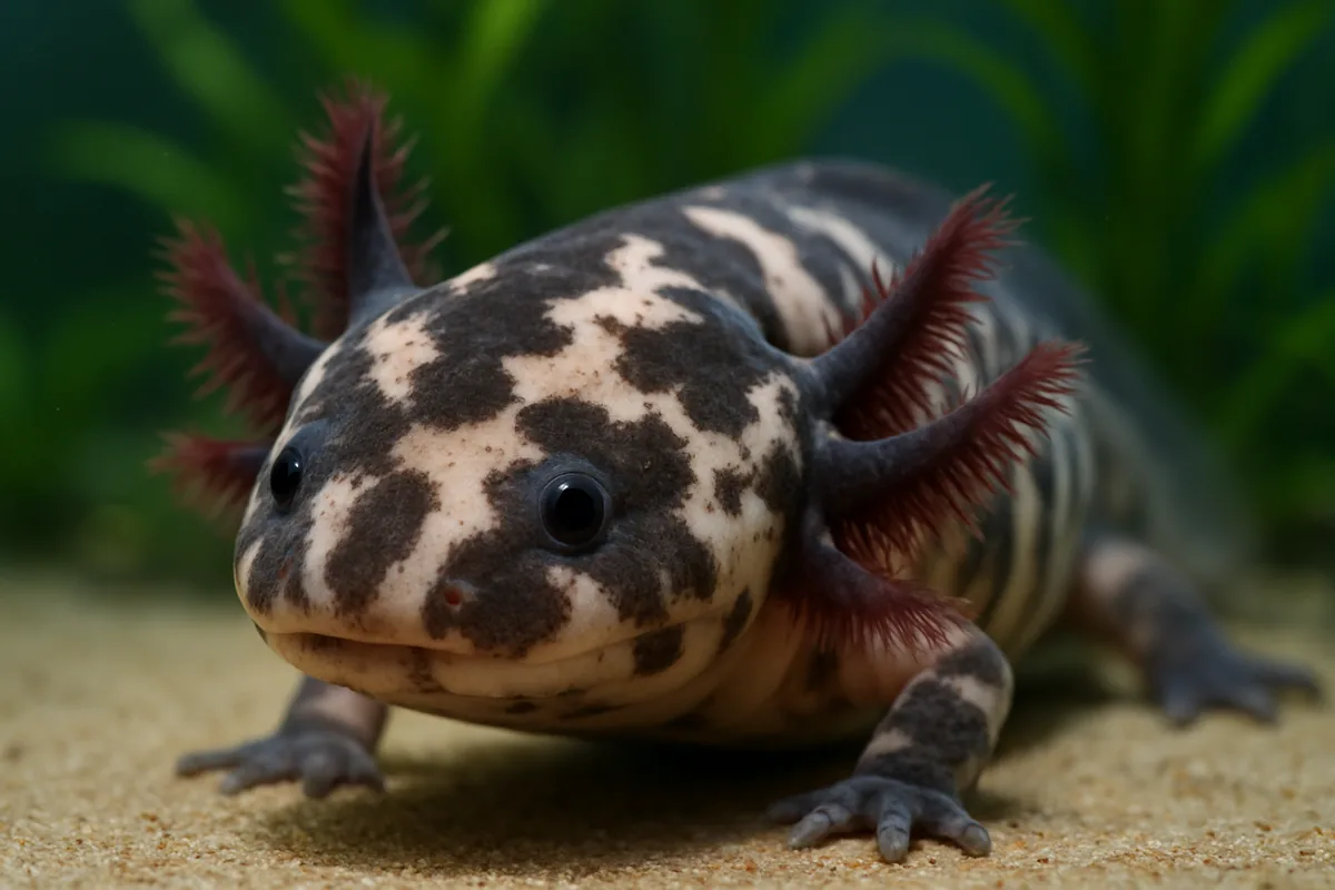 A piebald axolotl with irregular patches of dark and pale skin