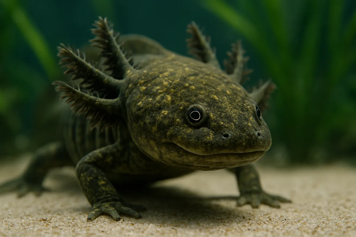 A wild-type axolotl with mottled olive-brown, gold-speckled skin
