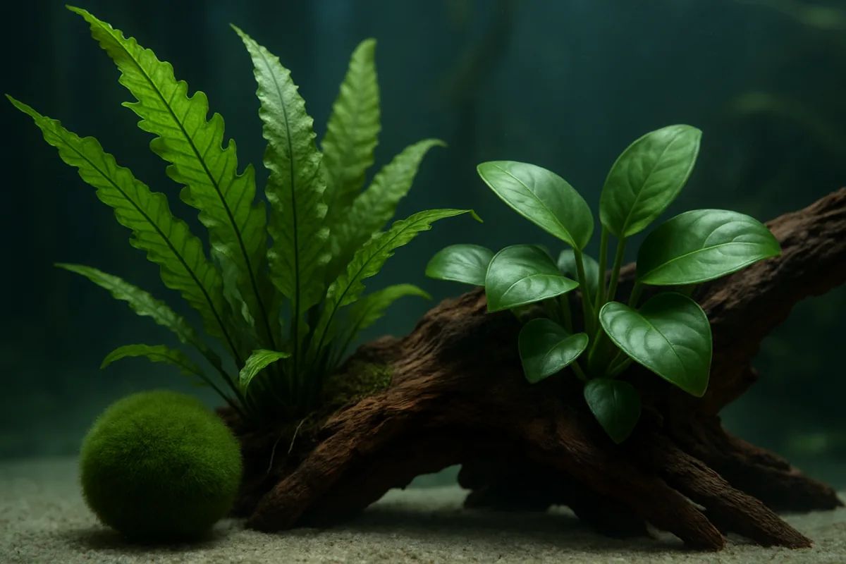 Java fern and anubias attached to driftwood in a cool planted axolotl aquarium