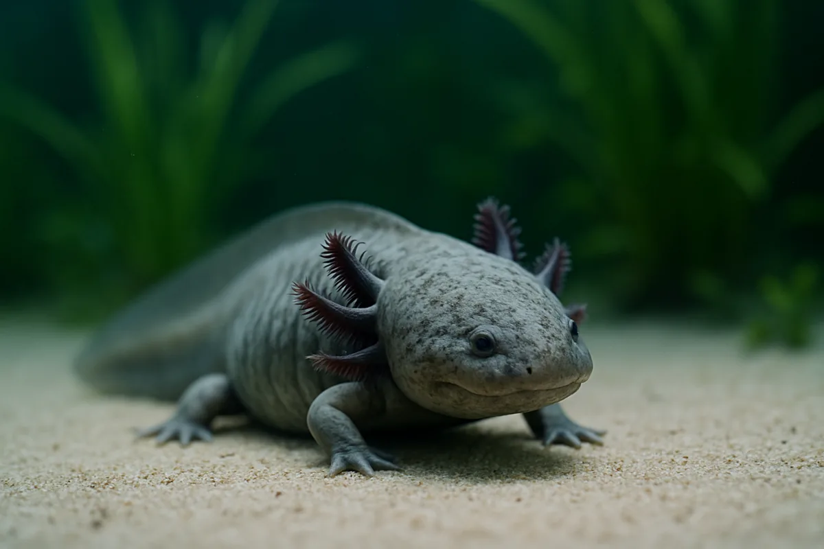 A solitary axolotl resting alone in a planted cold-water aquarium