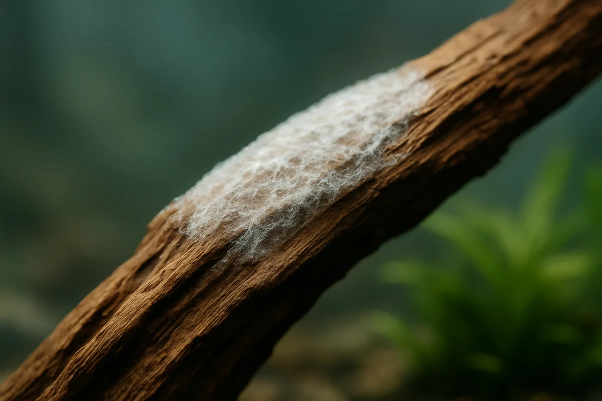 A thin whitish biofilm coating new driftwood in a freshly set up aquarium