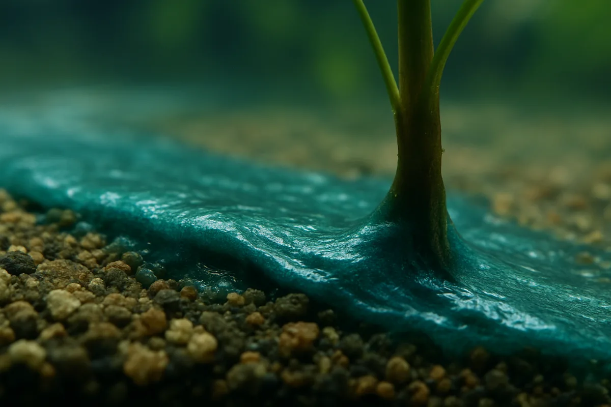 A blue-green cyanobacteria film on the substrate of a freshwater aquarium