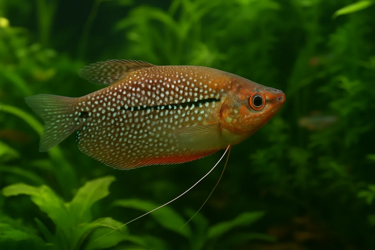 A pearl gourami centrepiece fish in a planted community aquarium