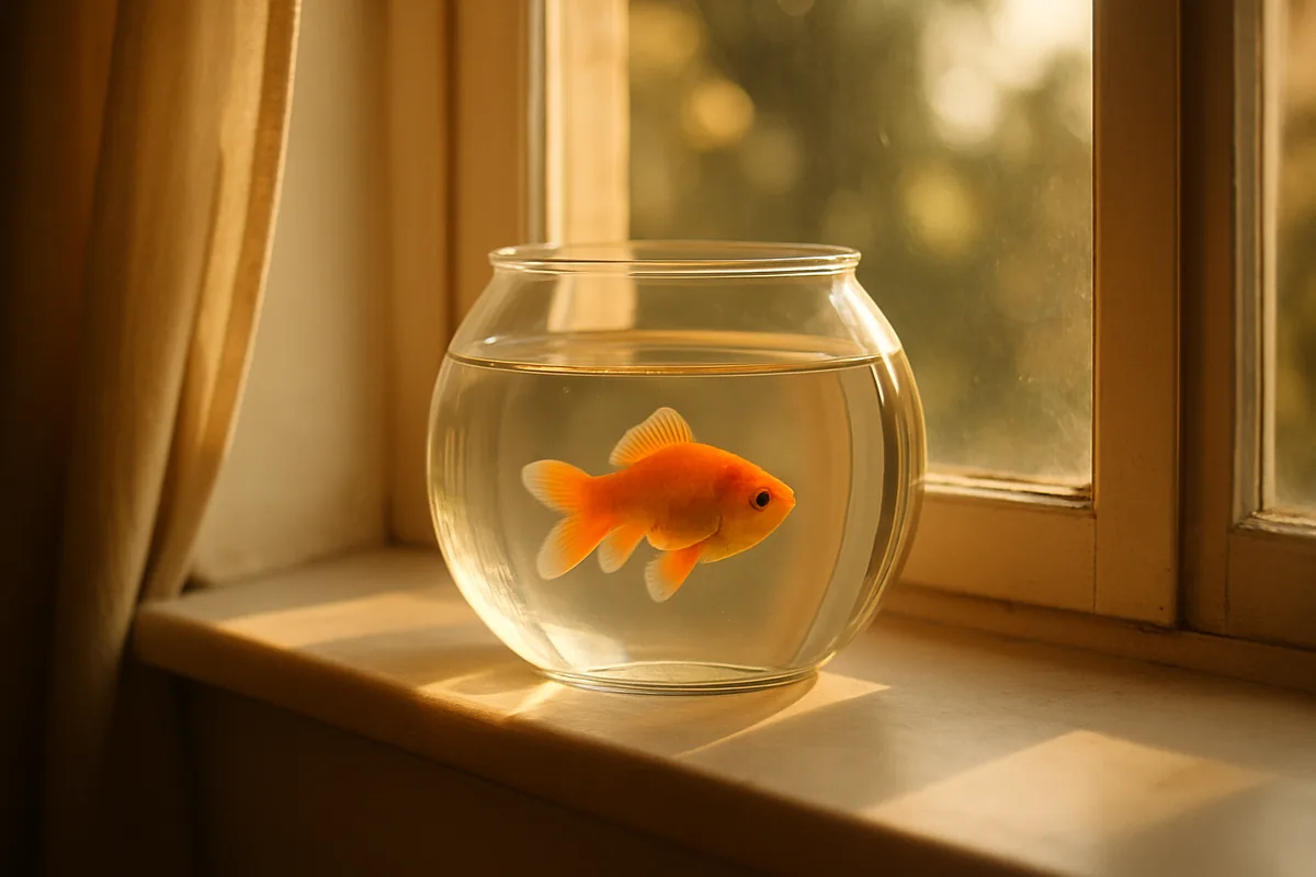 A single goldfish in a bowl on a sunny windowsill, a gentle calm scene