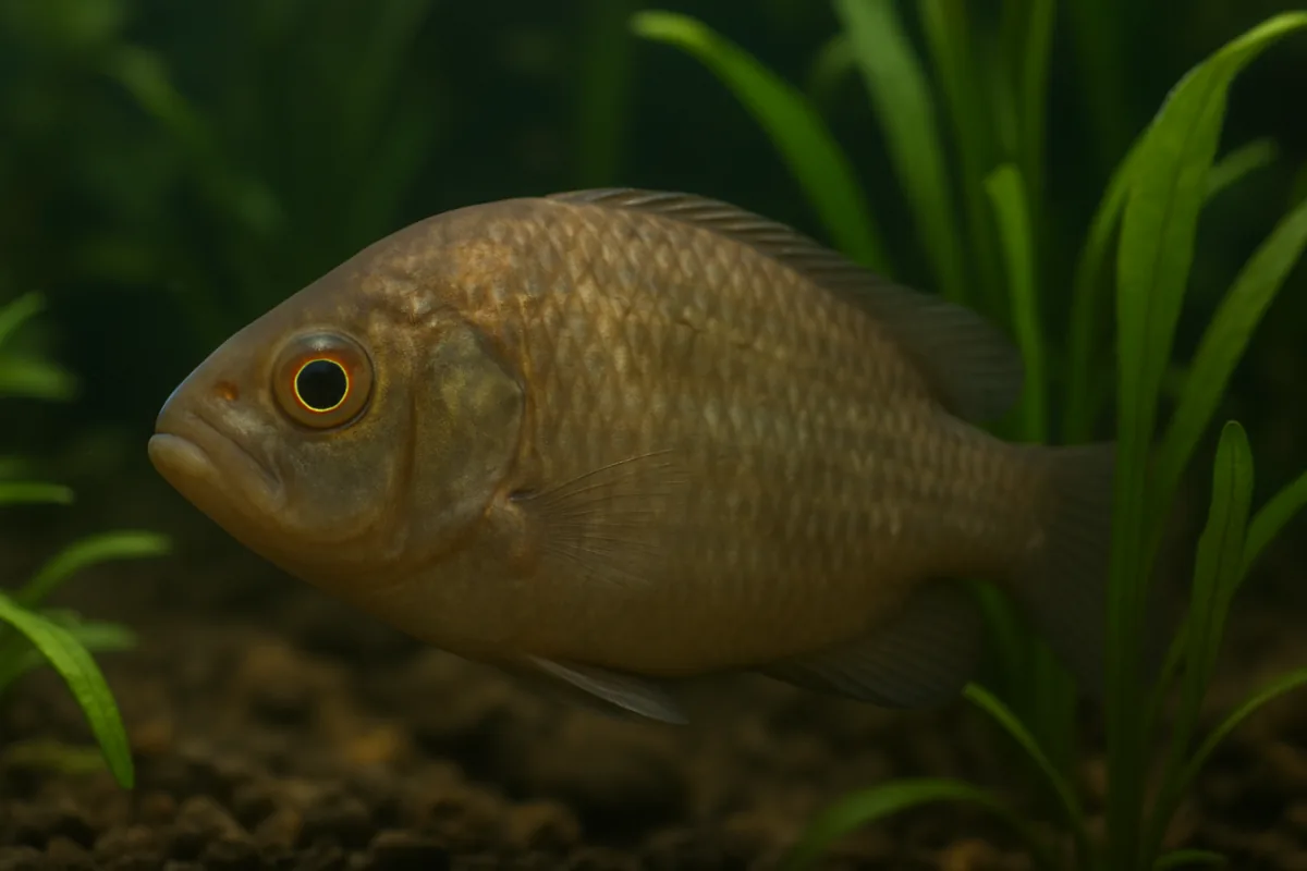 A fish holding its fins clamped tight against its body in a planted aquarium