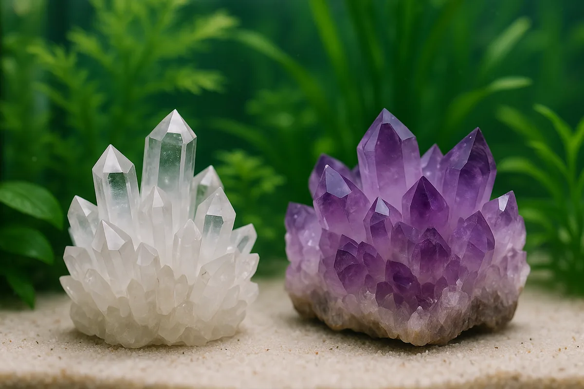Clear quartz and amethyst crystal clusters decorating a planted freshwater aquarium