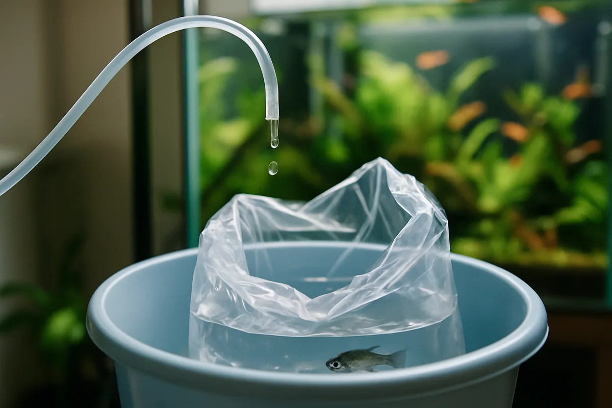 Drip acclimation: airline tubing dripping water into a bag of fish