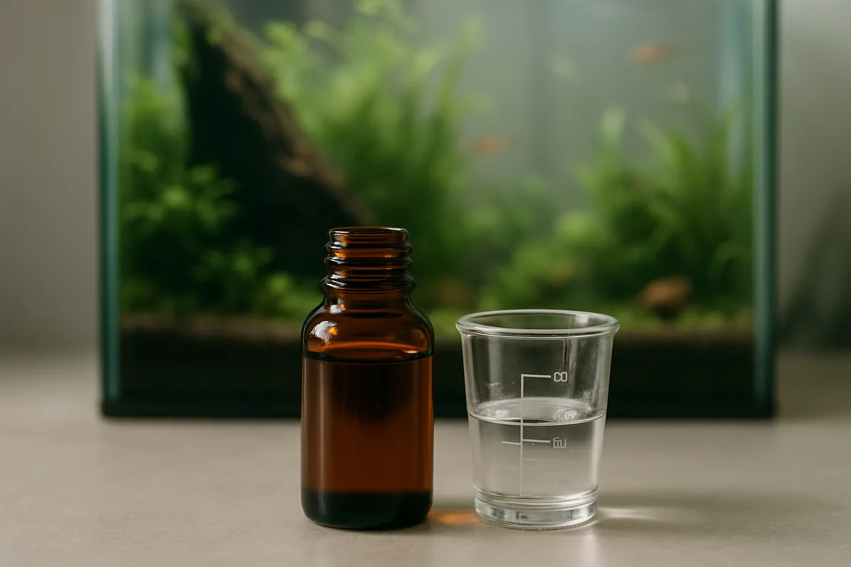 A bottle of clove oil and a measuring cup, the humane method for fish