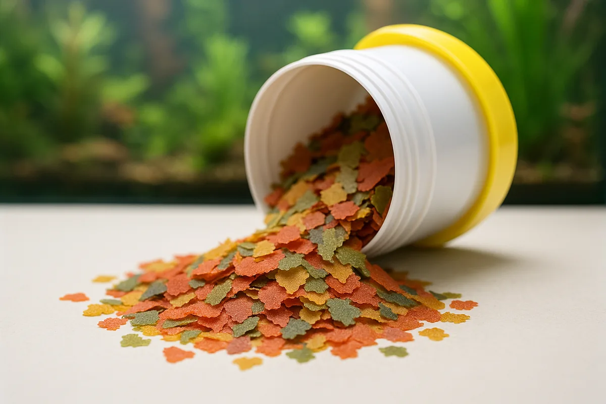 Colourful tropical fish flake food spilling from a tub beside a planted aquarium