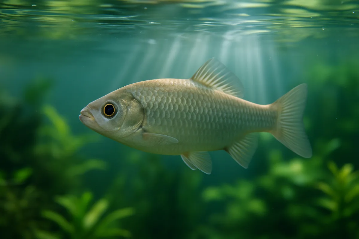 A fish swimming near the surface of a planted freshwater aquarium