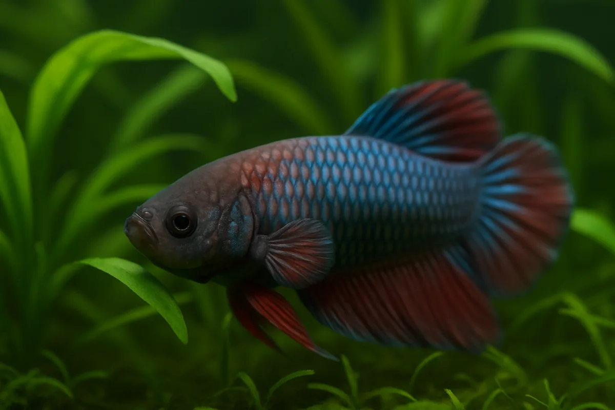 A betta resting among plants in a calm planted freshwater aquarium