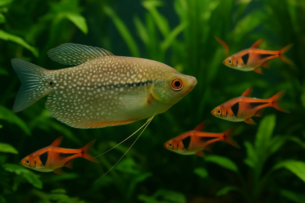 A pearl gourami with harlequin rasboras in a planted community aquarium