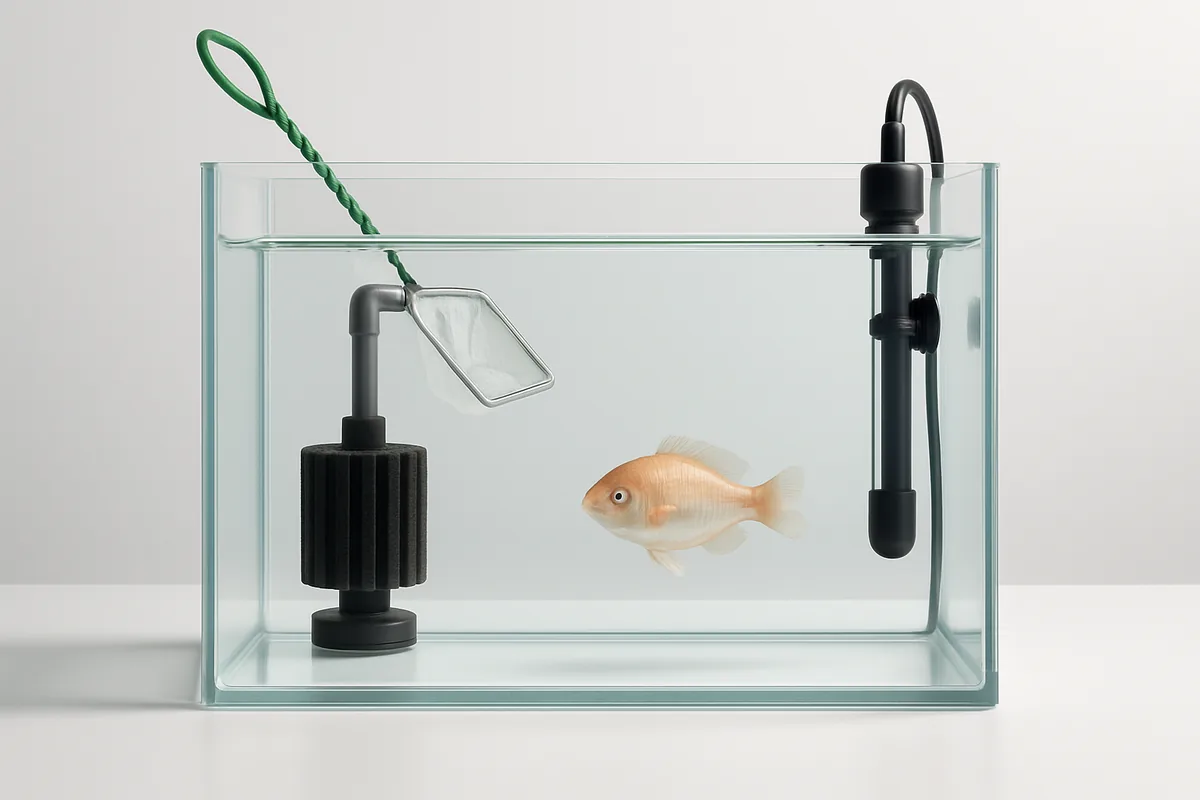 A bare-bottom quarantine aquarium set up for treating fish parasites