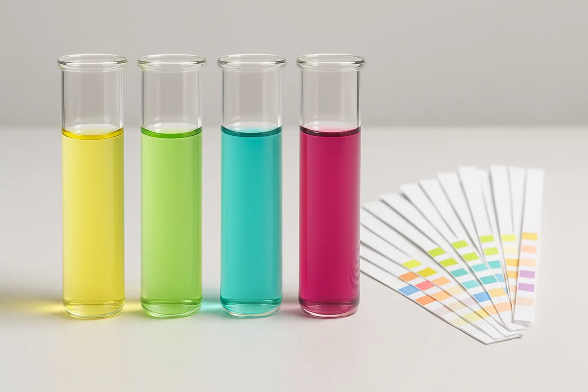 Liquid test vials beside dip test strips for aquarium water testing