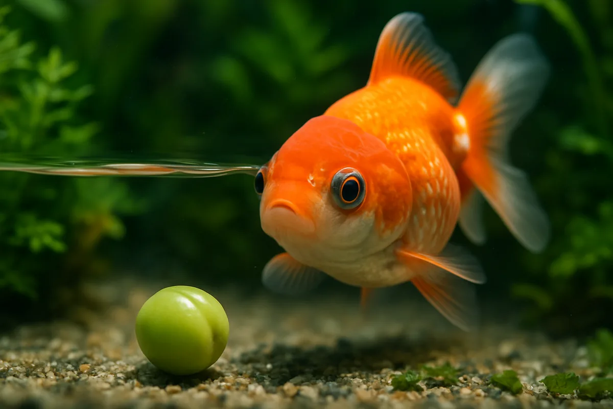 A shelled blanched pea being fed to a goldfish in a planted aquarium