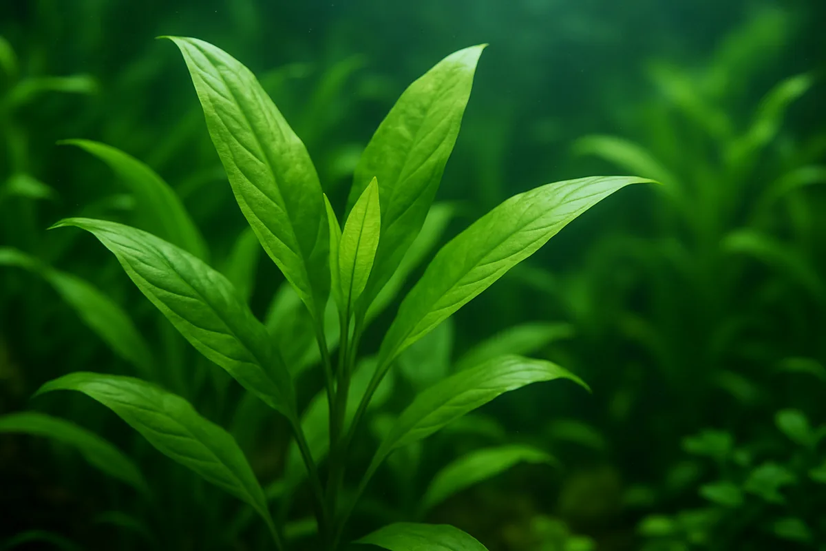 Aquatic plant leaves in a well-lit planted freshwater aquarium
