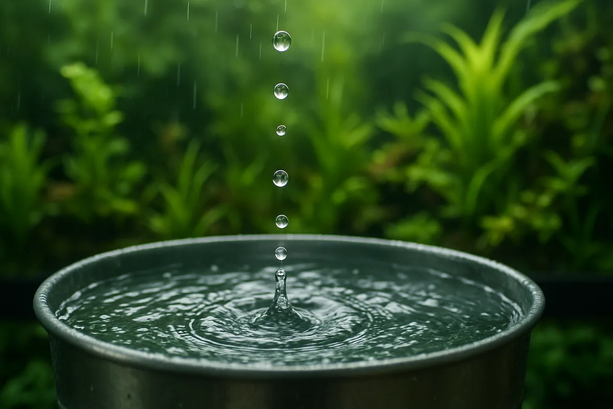 Clear rainwater being collected with a planted freshwater aquarium behind
