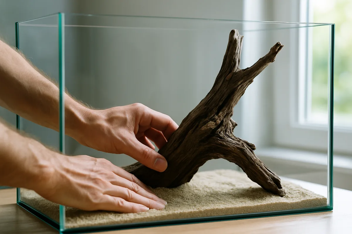 Hands arranging substrate and driftwood while setting up a fish tank