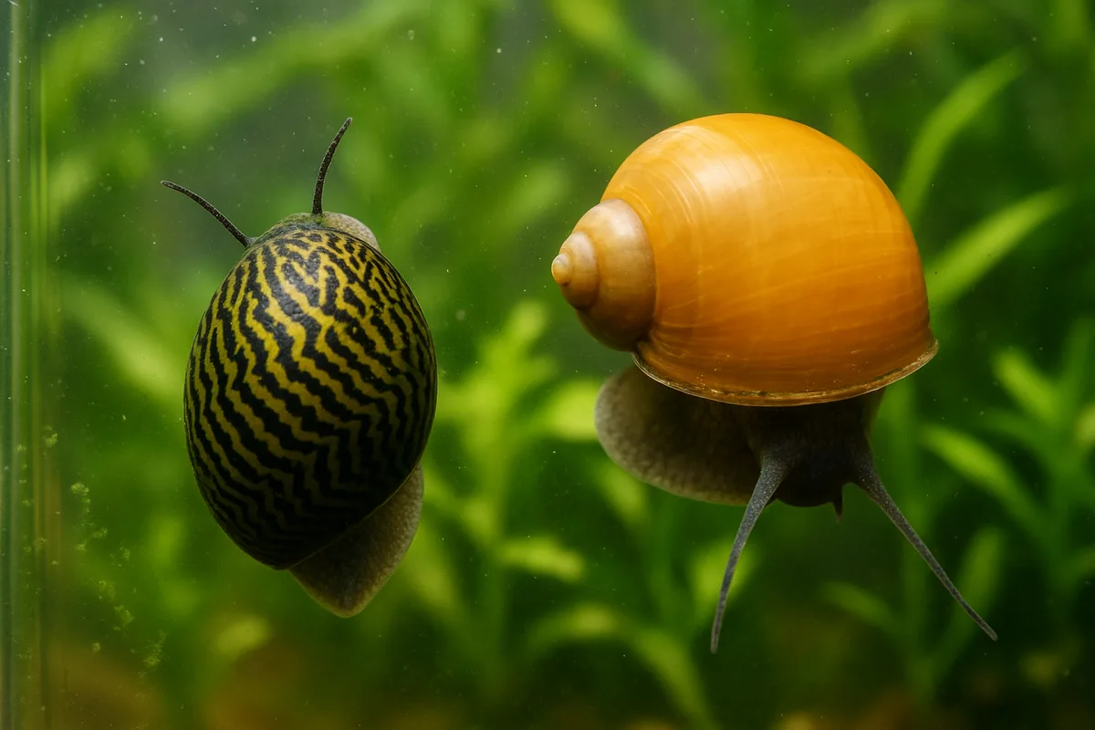 A zebra nerite snail and a golden mystery snail on planted aquarium glass