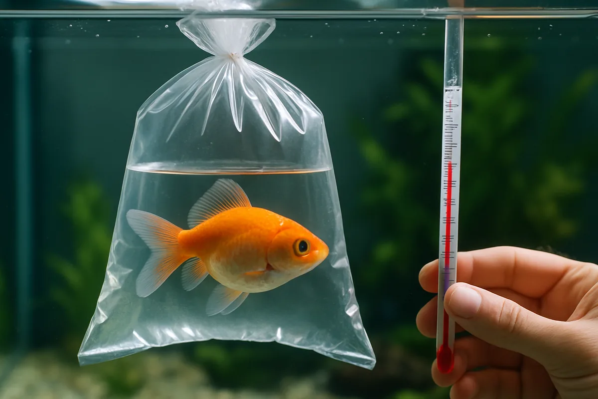 A thermometer checking water temperature during aquarium acclimation