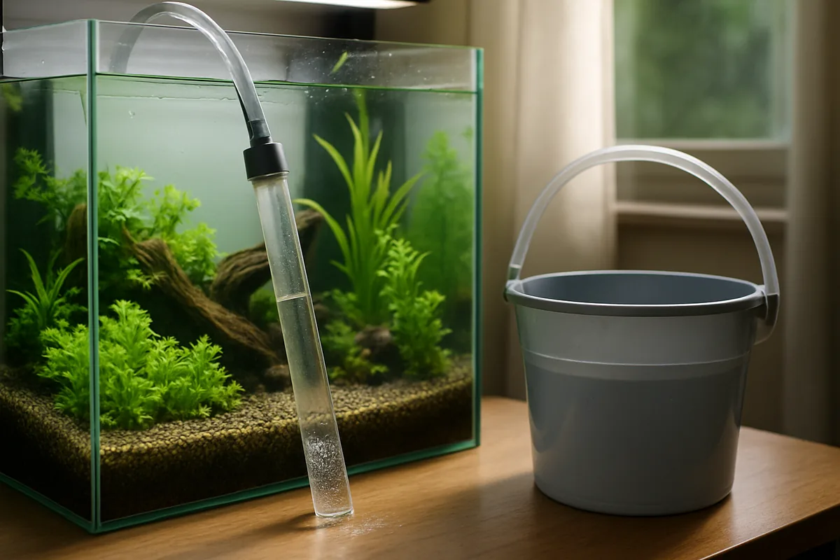 A gravel siphon performing a water change on a planted freshwater aquarium