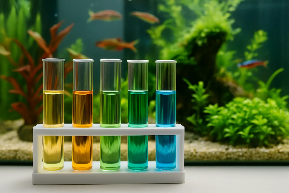 An aquarium liquid test kit with colour-graded test tubes beside a planted tank