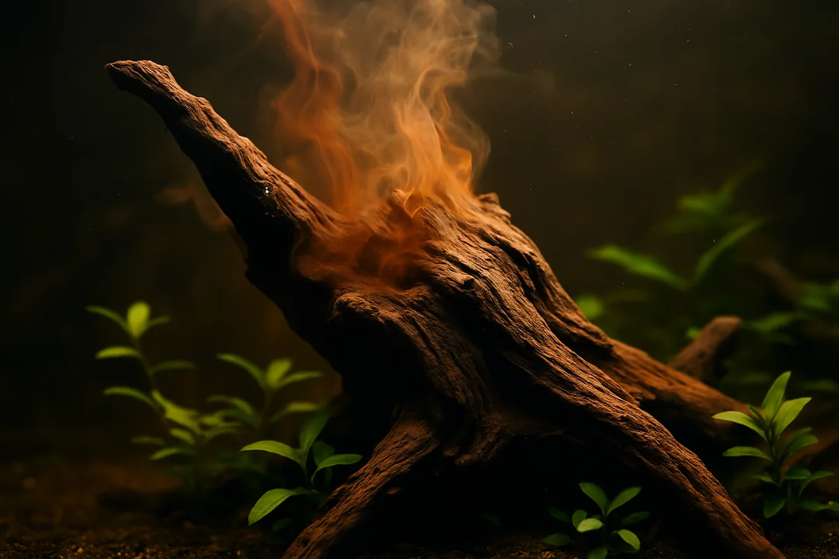 Aquarium driftwood releasing brown tannins into tea-coloured water